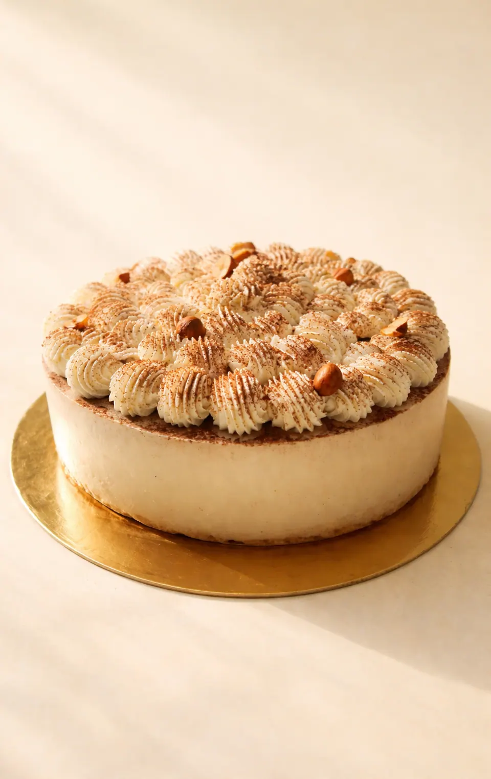 Entremets rond surmonté de rosaces de crème et d’éclats croquants