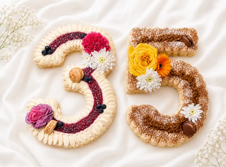 Number cake 35 décoré de fleurs fraîches, fruits rouges et crème