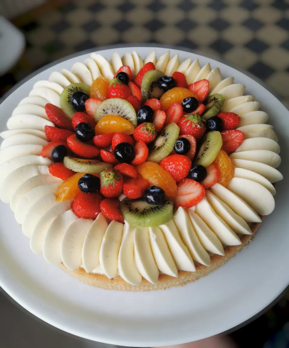 Tarte aux fruits frais de saison sur une couronne de crème