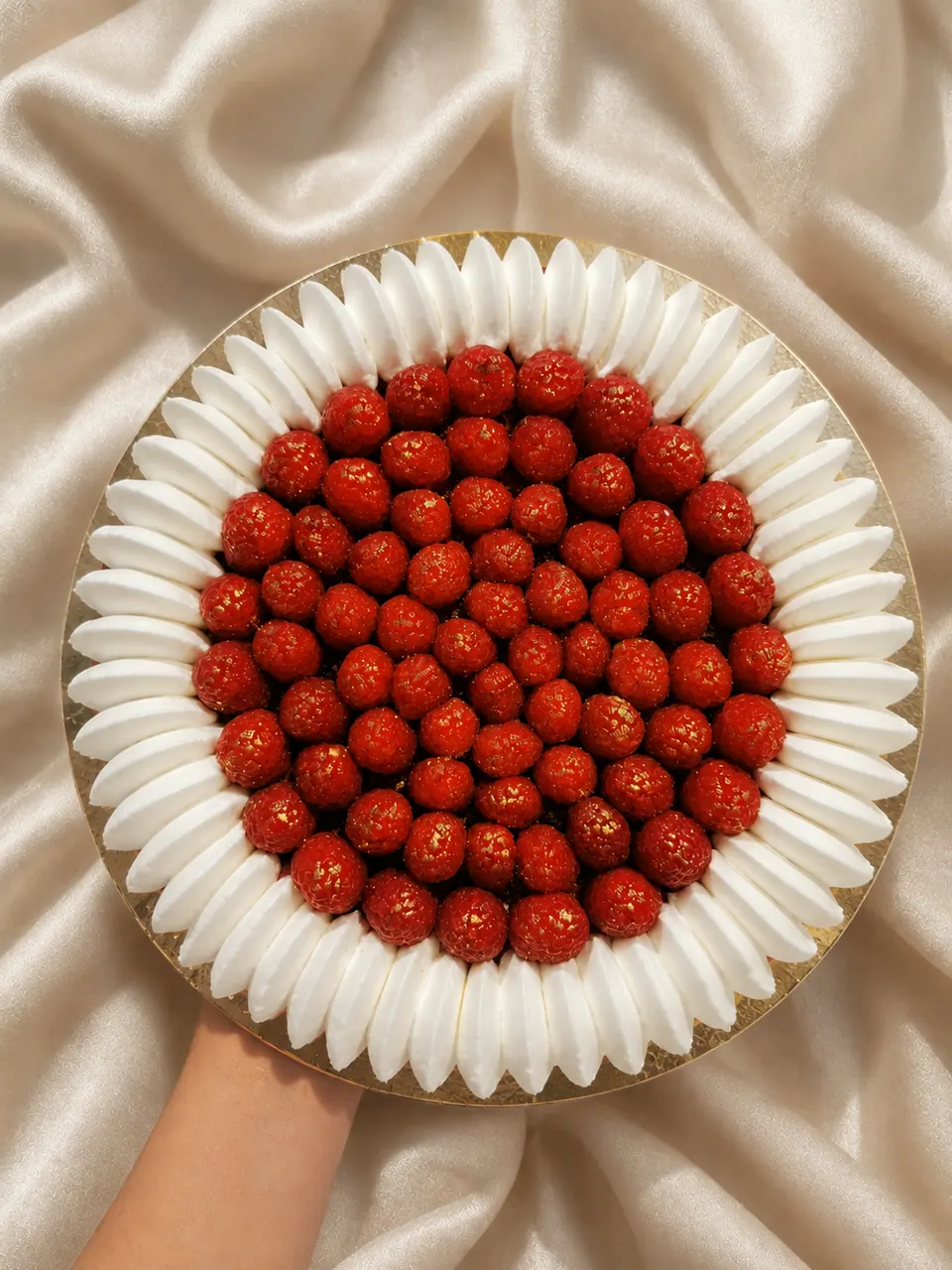 Tarte aux fruits rouges bordée de pétales de crème